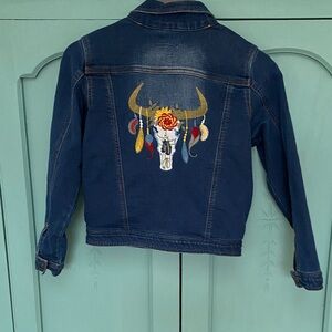 Jak Pepper Kids Blue Denim Jacket with Red Details on pockets. Steer on back